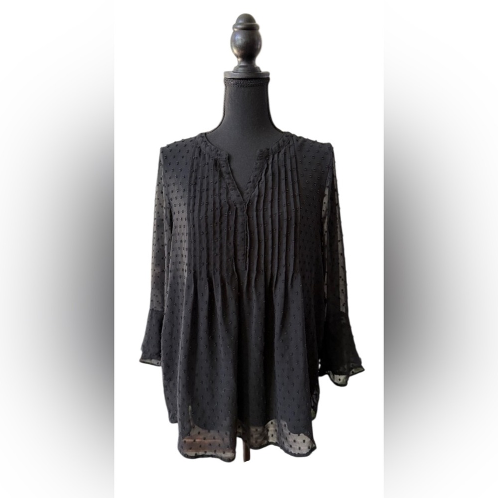 Charter Club Elegant Black Pleated Swiss Dot Blouse with Mid Ruffle Sleeves